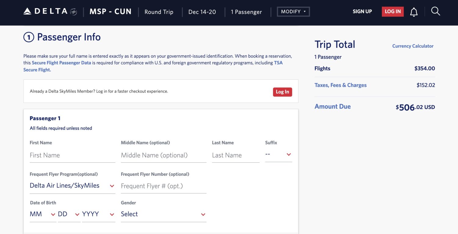 Passenger info section of Delta flight booking
